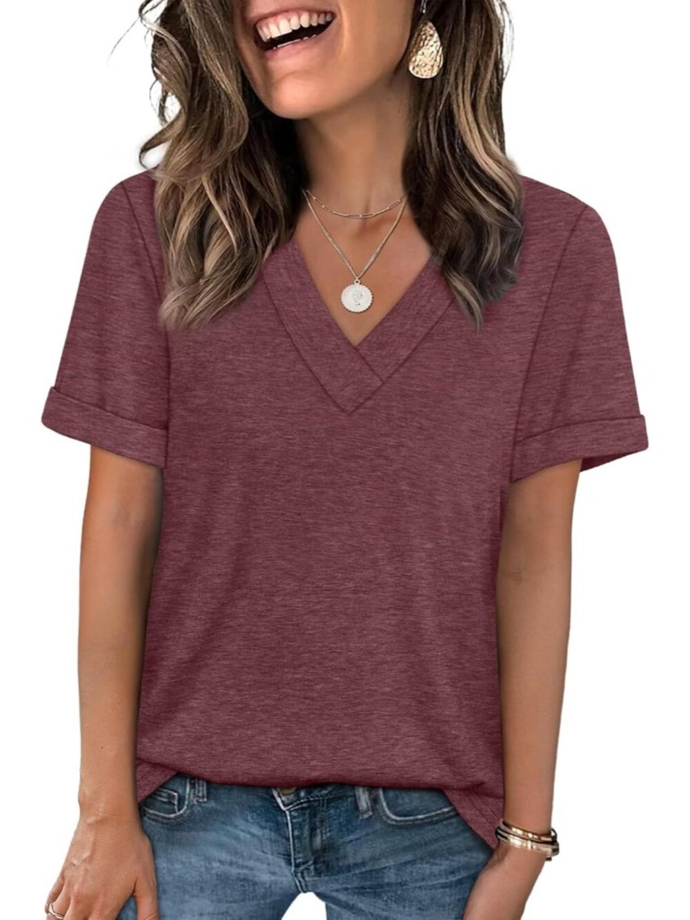 🆕Women's Wine Red Tops Short Sleeve Basic Casual V Neck T Shirts Trendy